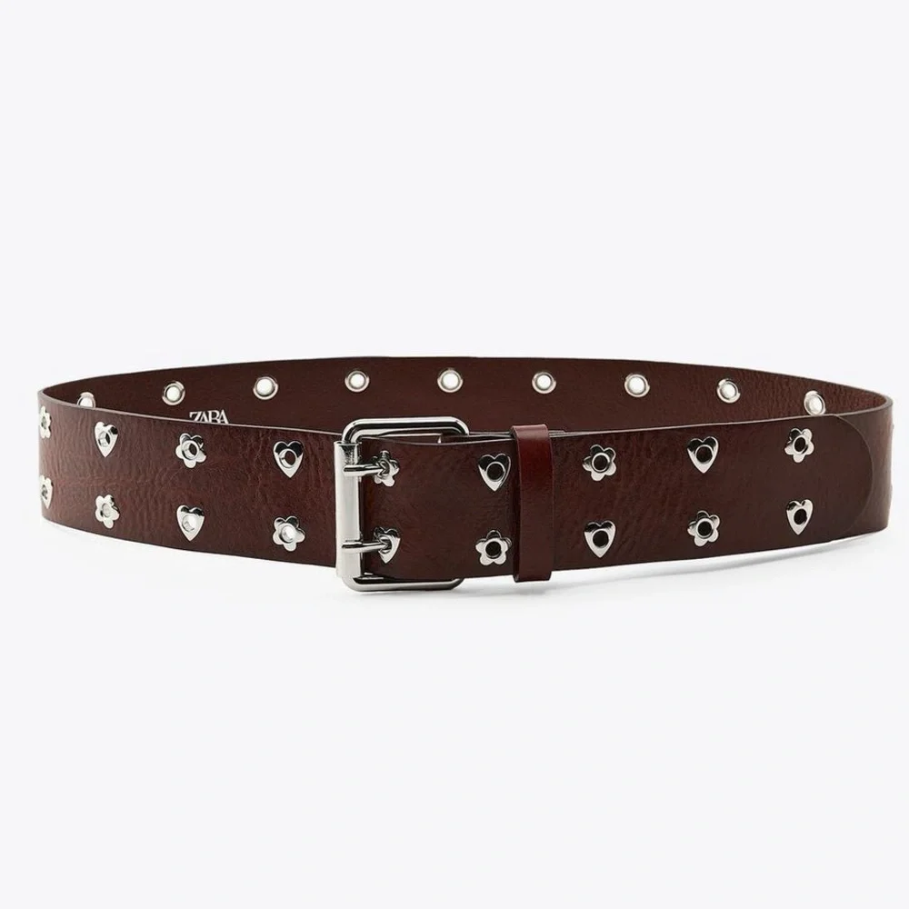 Zara‎ LEATHER HEARTS AND FLOWERS BELT Dark Brown Belt with Silver Details